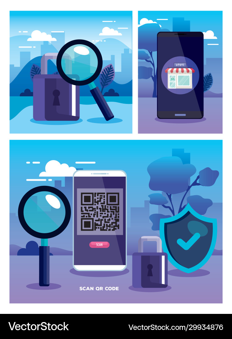 Qr code smartphone padlock lupe and shield vector image