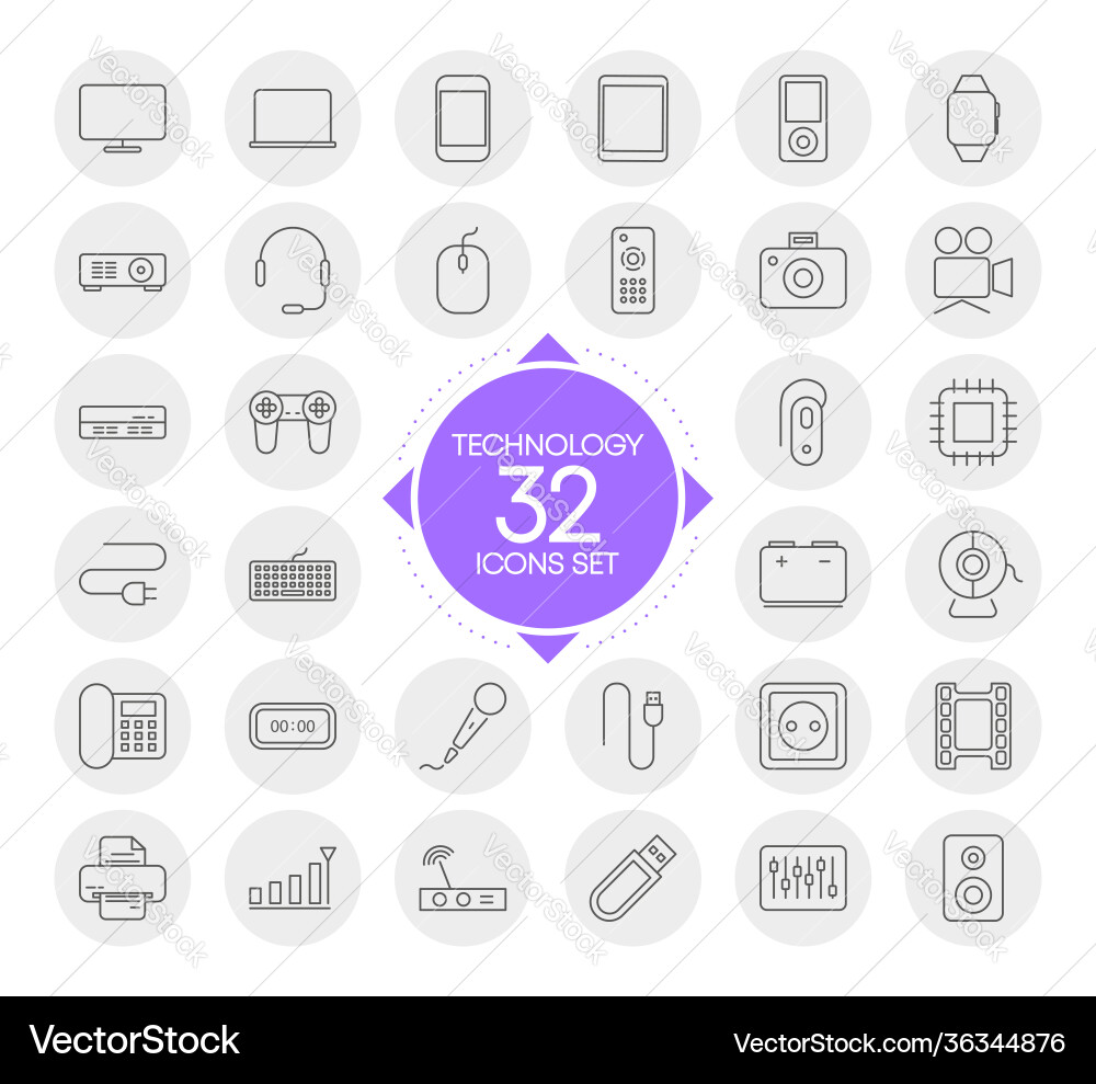 Technology 32 icons set with circles design Technology 32 icons set with circles design Vector Image