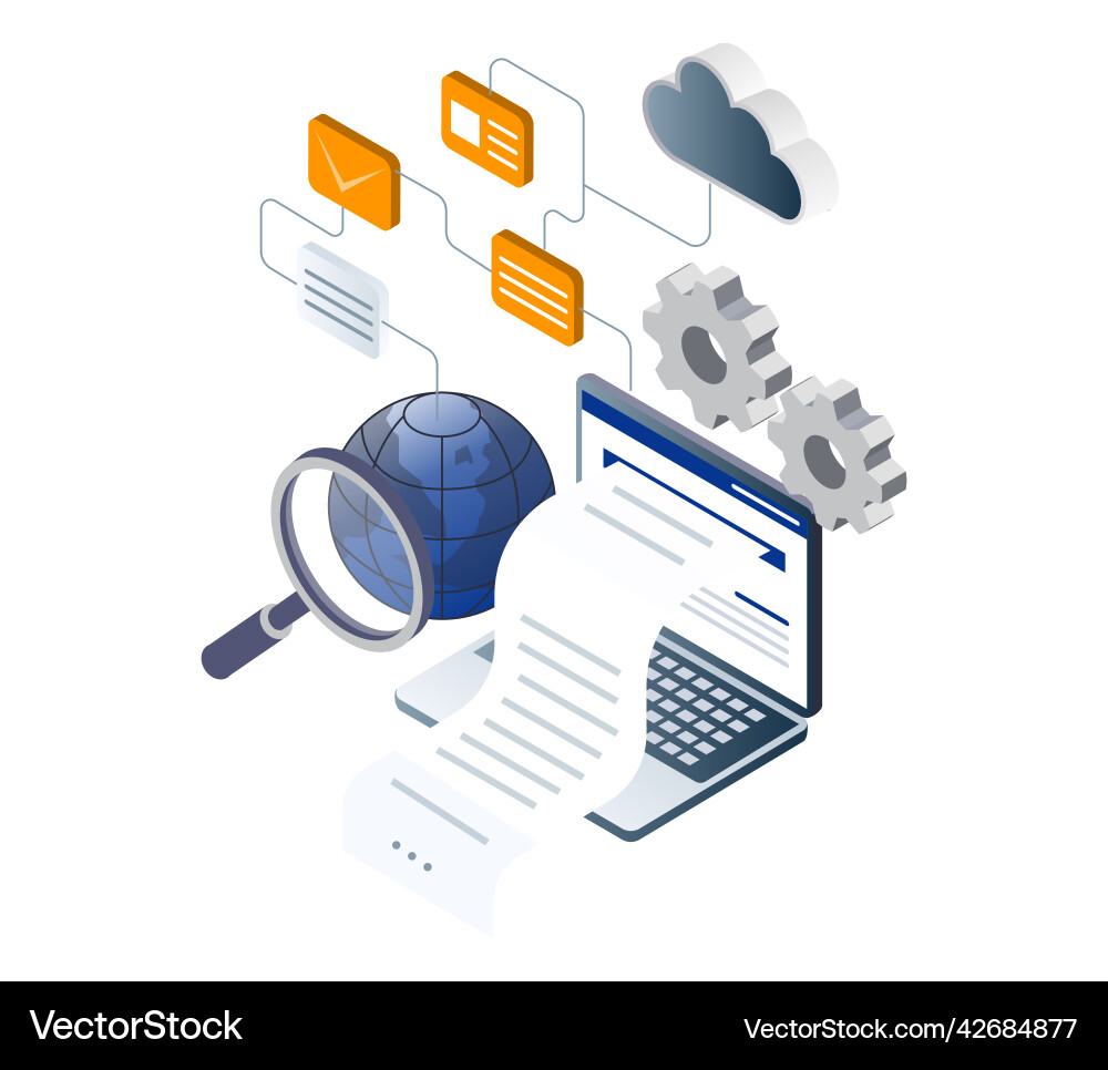 Flat isometric concept world data transfer process Flat isometric concept world data transfer process vector image