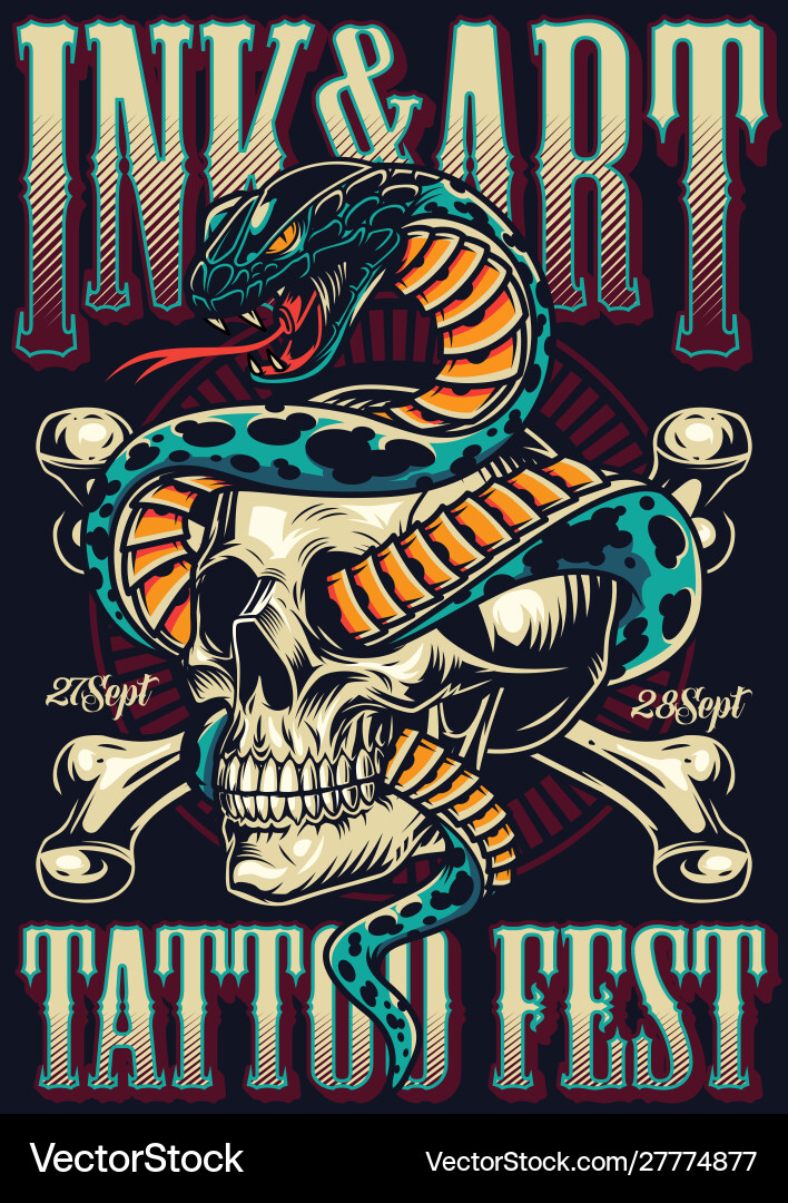 Vintage Snake & Skull Tattoo Fest Vector Image