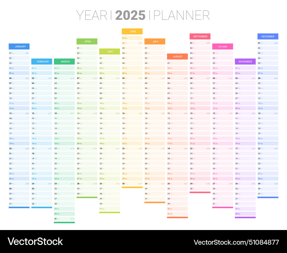 Jahr 2025 bunten Kalender mit täglicher Agenda Vektorbild