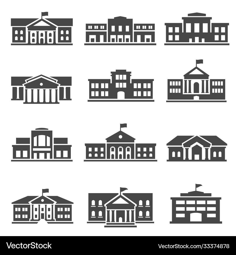 School Building Icons - Black Silhouette Vector Image