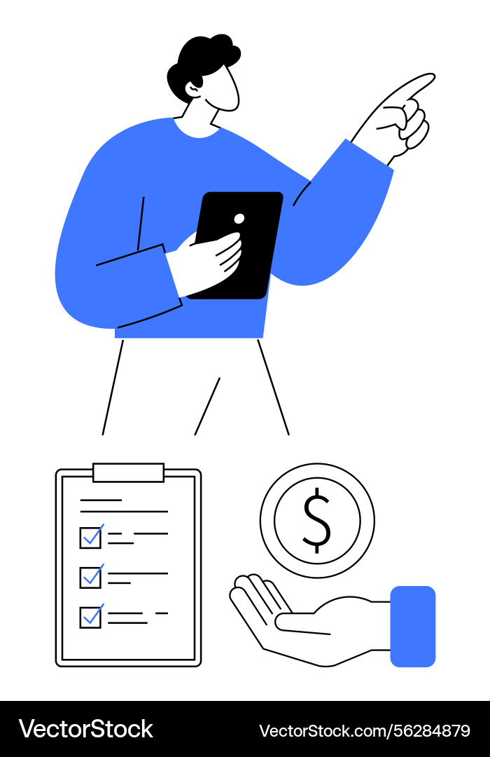 Man with tablet gesturing checklist dollar coin Man with tablet gesturing checklist dollar coin vector image