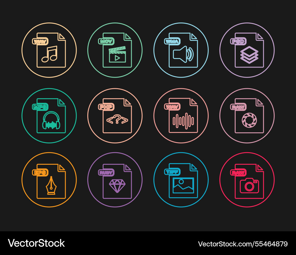 Set line raw file document wma php mp3 wav Set line raw file document wma php mp3 wav vector image