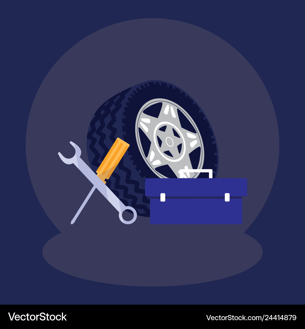 Tools box mechanic with wrench keys and tire Vector Image