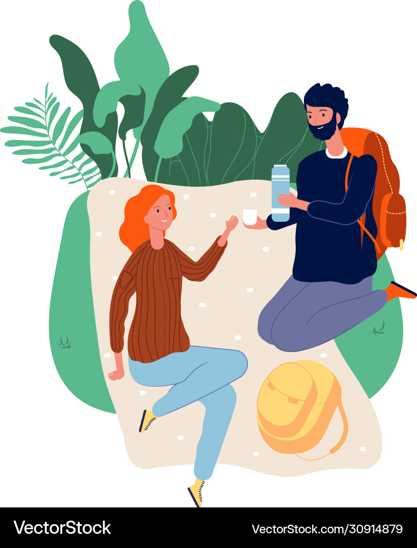 Tourists at stop man woman on picnic male Tourists at stop man woman on picnic male vector image