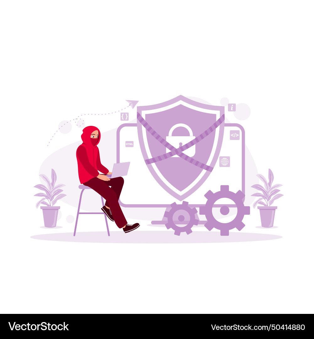 A young hacker tries to hack cyber security data vector image