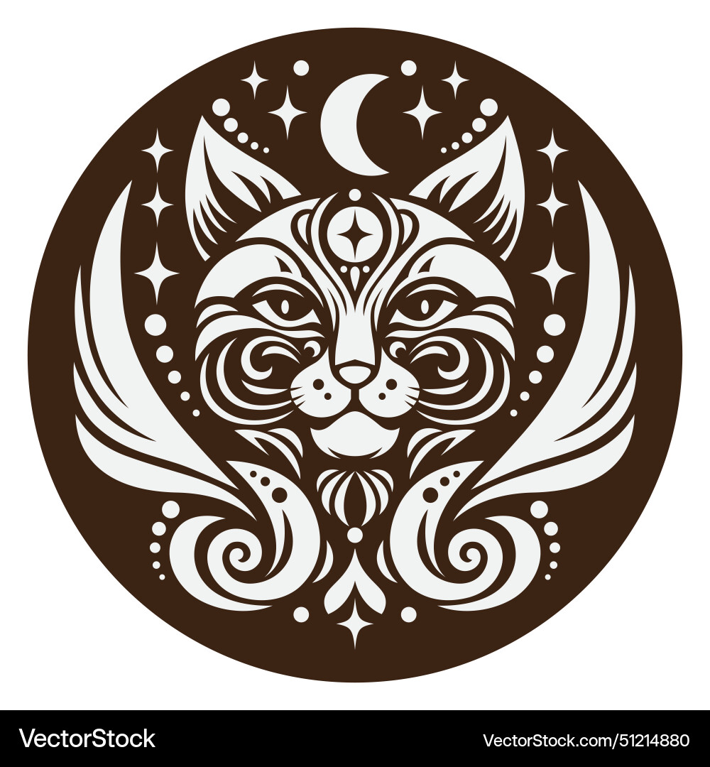 Head of cat and decorative elements in a circle Vector Image