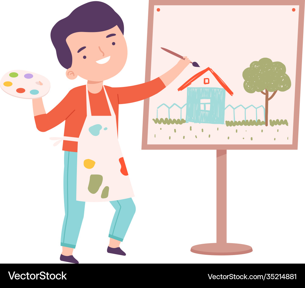 Happy boy painting on canvas little artist Happy boy painting on canvas little artist vector image