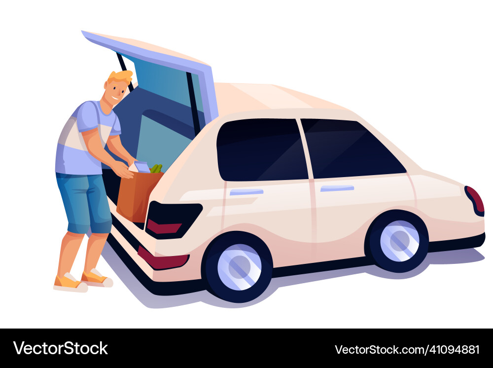 Man loading groceries into open trunk of car Man loading groceries into open trunk of car vector image