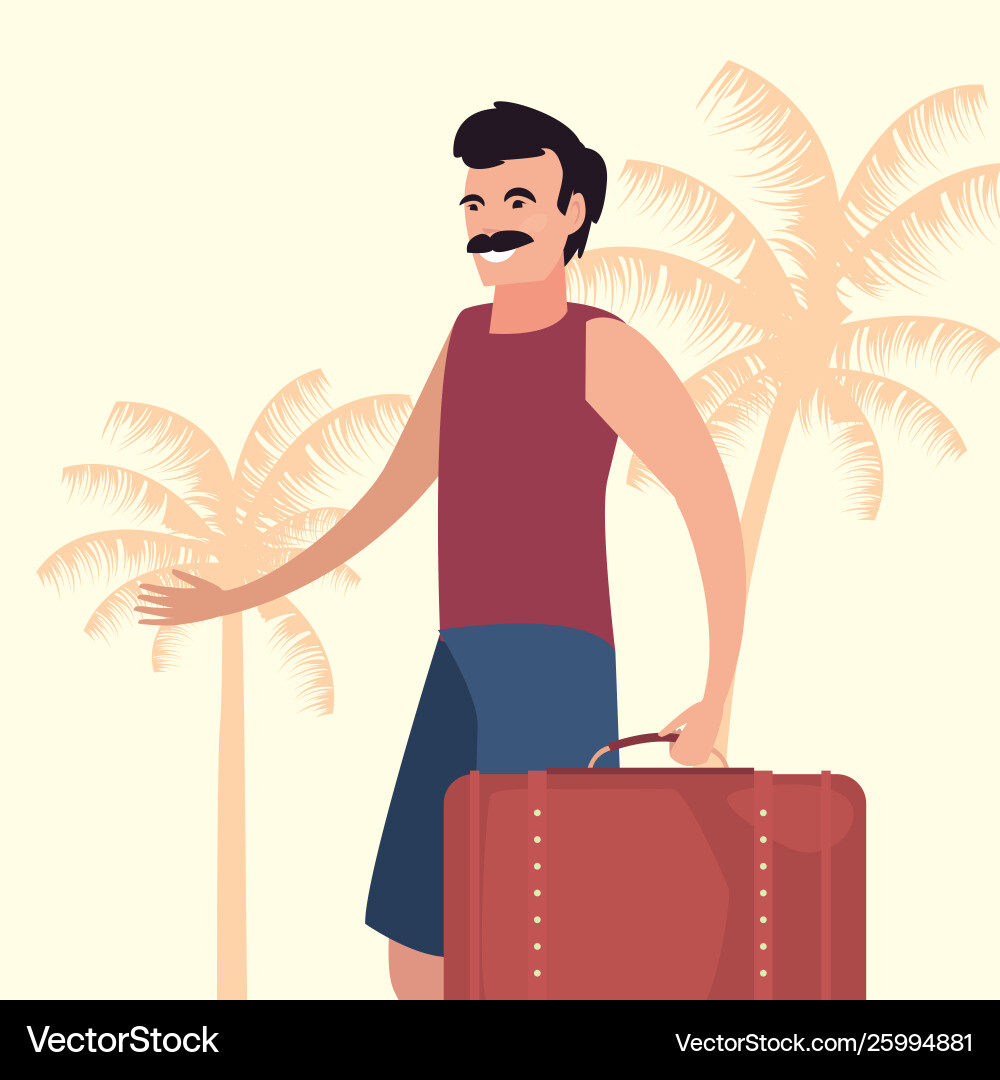 Man with suitcase palm tree background summer time Vector Image