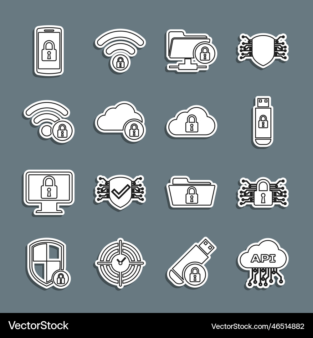 Set line cloud api interface cyber security usb Set line cloud api interface cyber security usb vector image