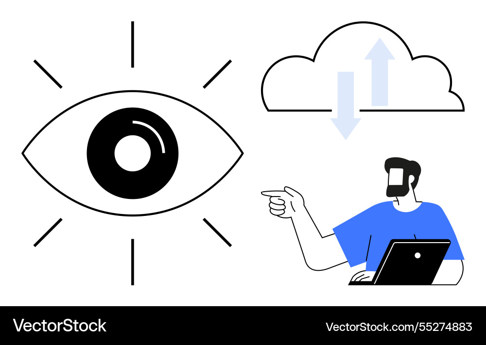 Eye observing cloud computing with man pointing Eye observing cloud computing with man pointing vector image