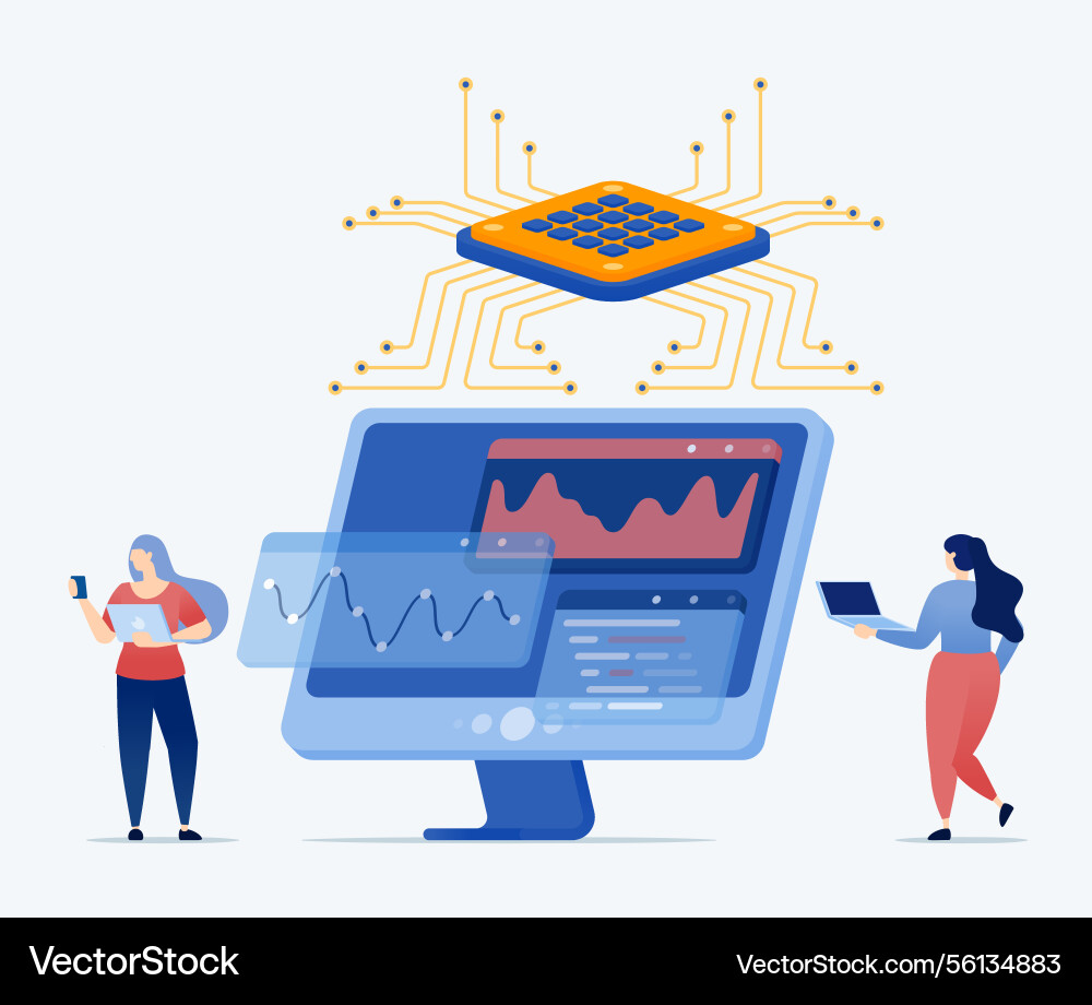 People use chips to process data on monitor People use chips to process data on monitor vector image