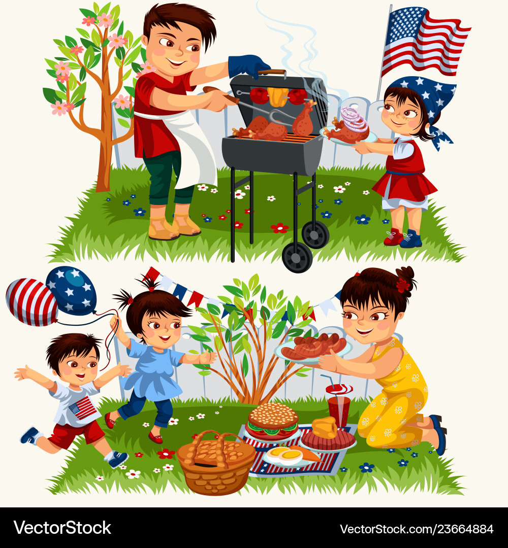 Happy cartoon family having bbq outside set Happy cartoon family having bbq outside set vector image