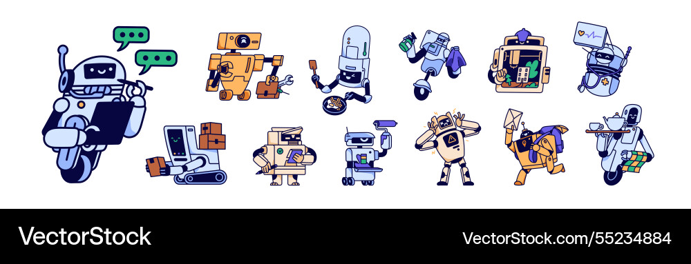 Set of cute robots humanoid machines computers Set of cute robots humanoid machines computers vector image