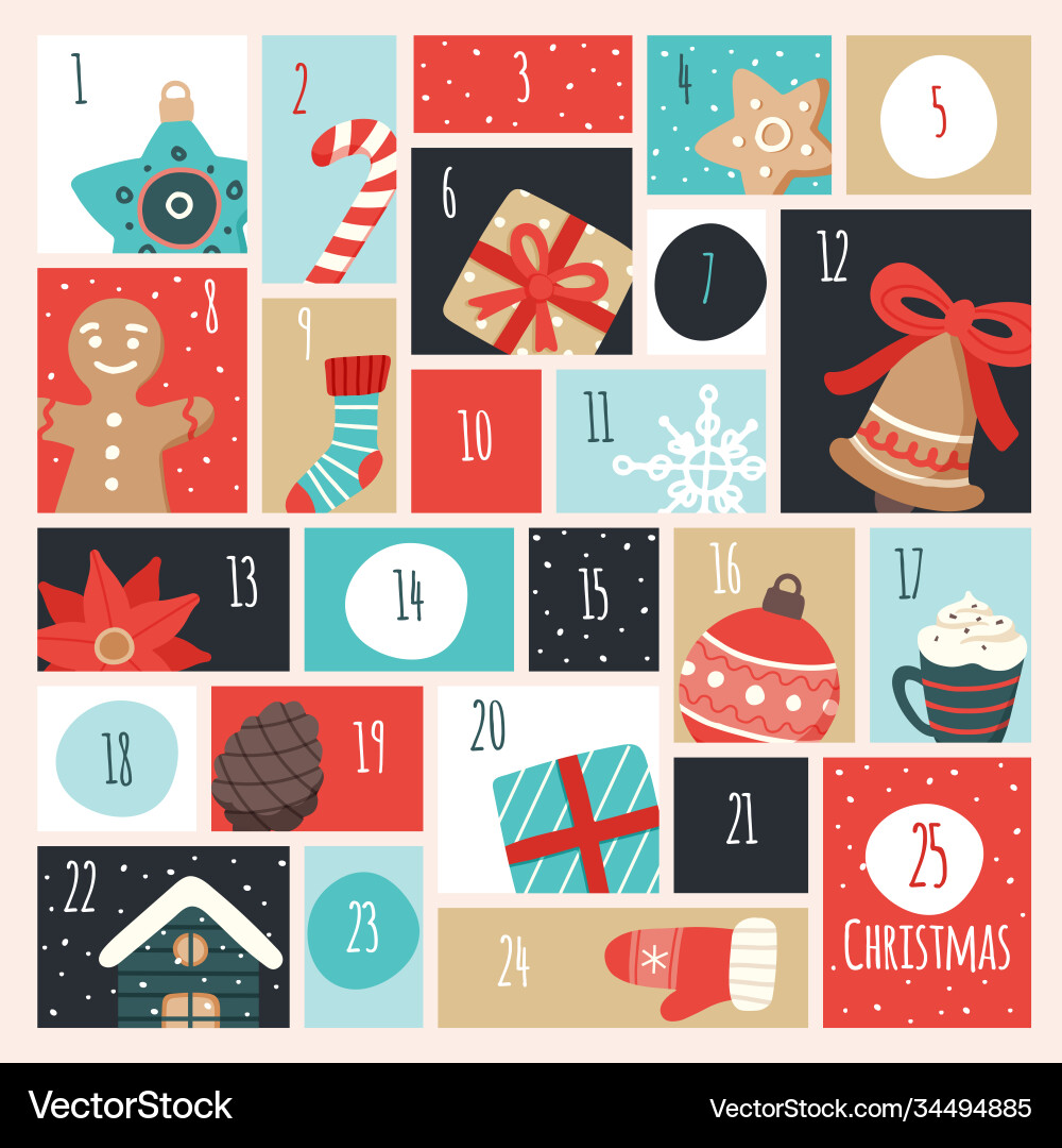 Advent calendar with christmas elements vector image