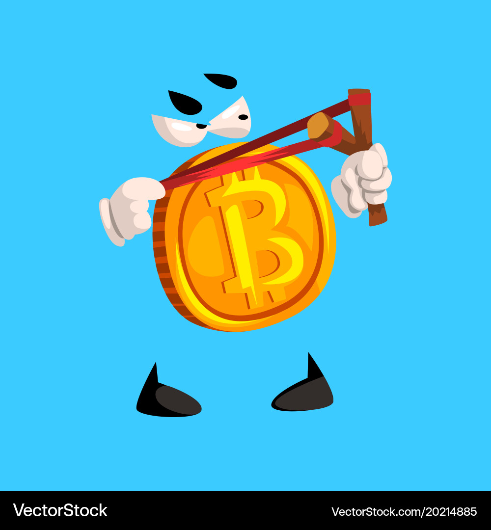 Funny bitcoin character with slingshot crypto Vector Image