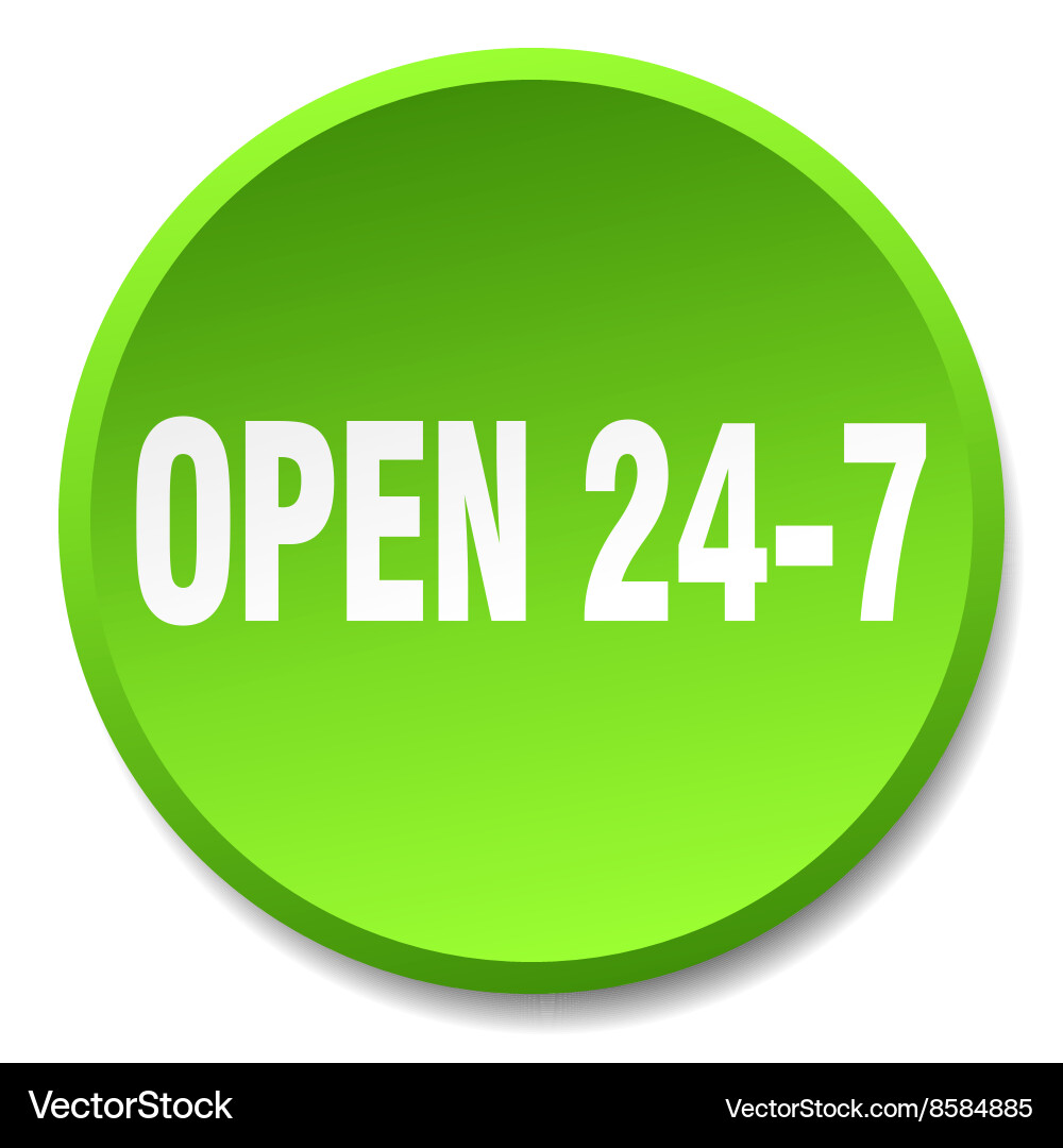 Open 24 7 green round flat isolated push button vector image