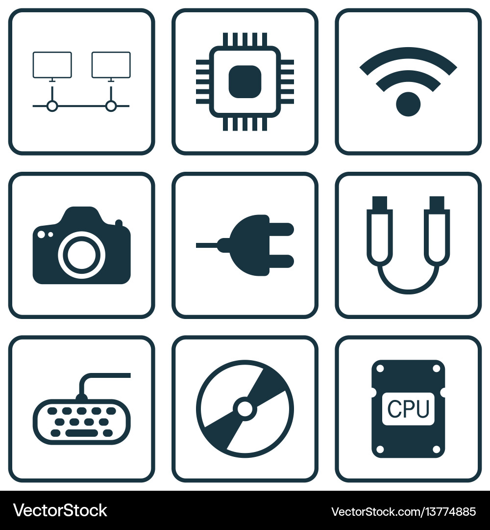 Set of 9 computer hardware icons includes Set of 9 computer hardware icons includes vector image