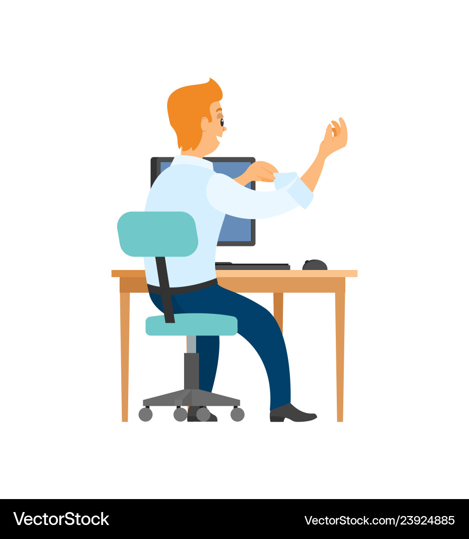 Worker on chair computer and table back view Worker on chair computer and table back view vector image