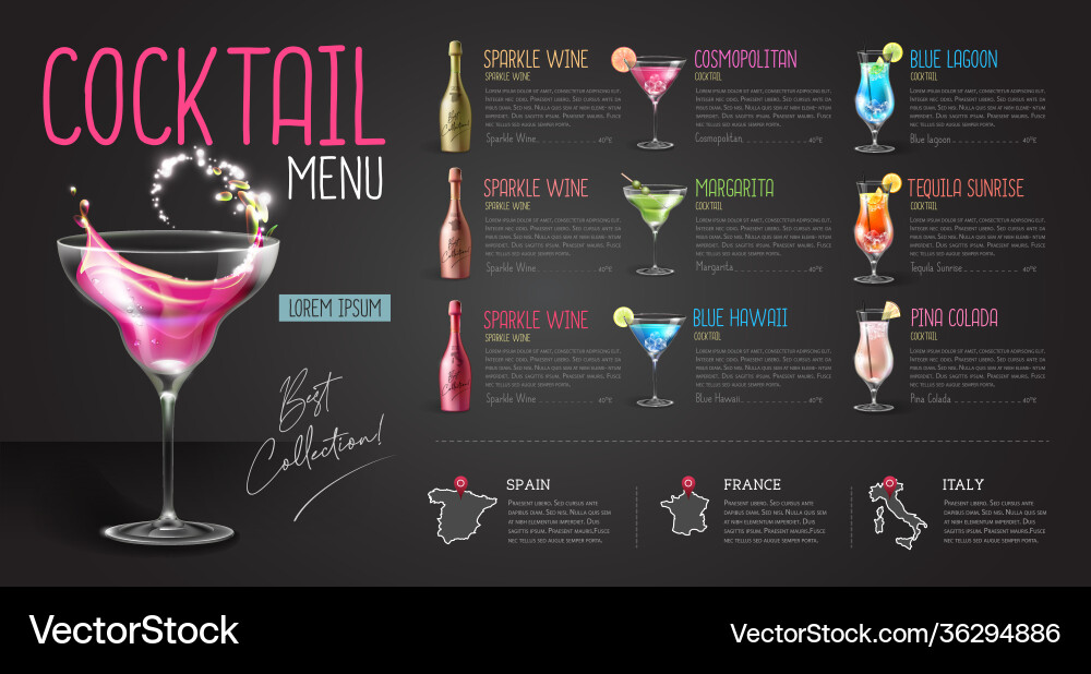 Cocktail menu design with realistic vector image