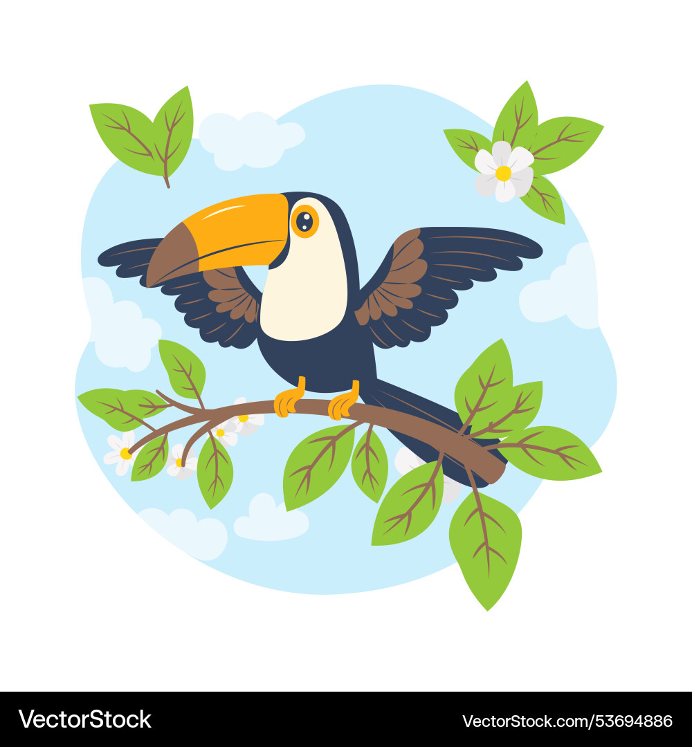 Cute toucan bird animal perched on tree branch Cute toucan bird animal perched on tree branch vector image
