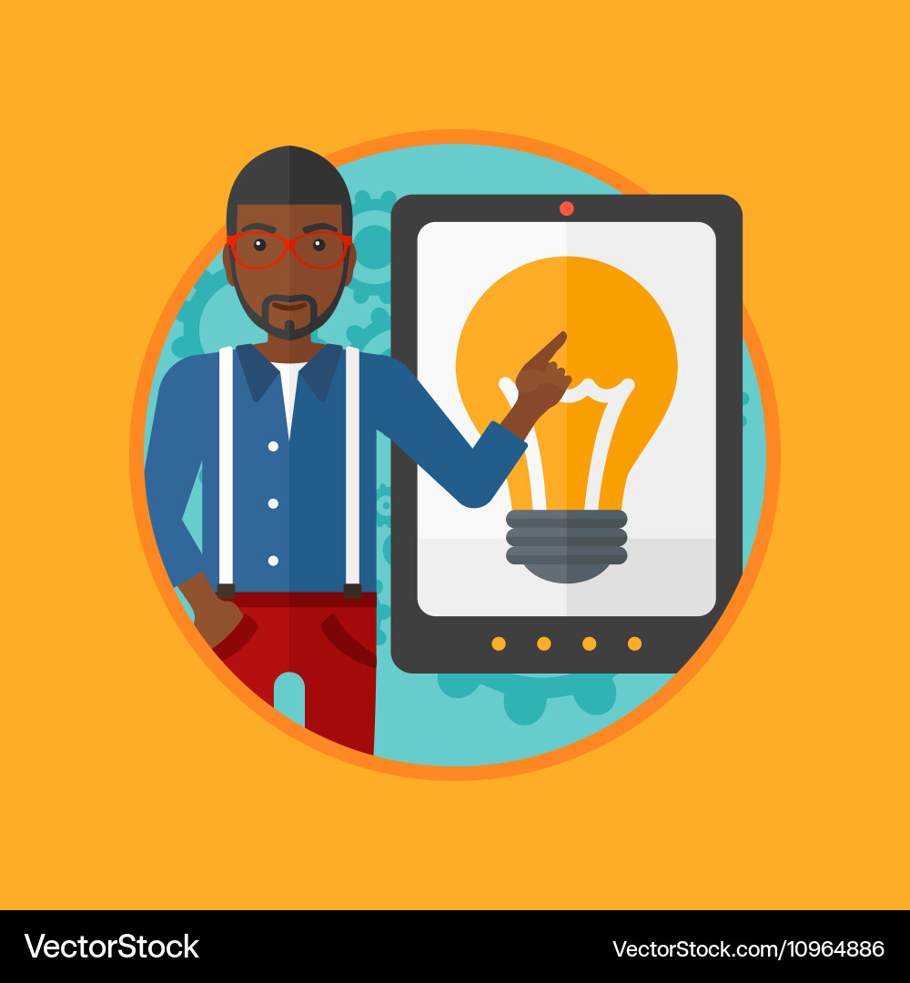 Man pointing at big tablet computer vector image