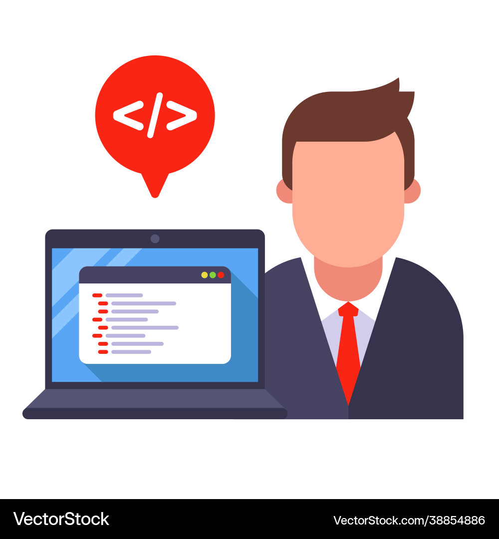 Programmer and laptop with program code vector image