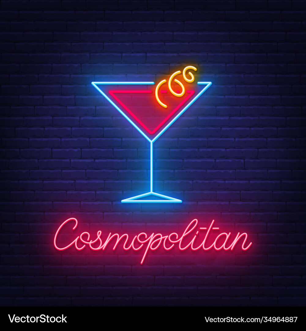 Cocktail cosmopolitan neon sign on brick wall Vector Image