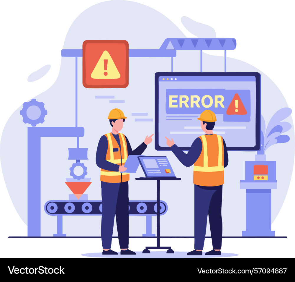 Factory workers managing machine error alert Factory workers managing machine error alert vector image