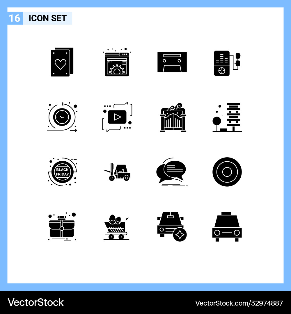 Set 16 solid glyphs on grid for time process Vector Image