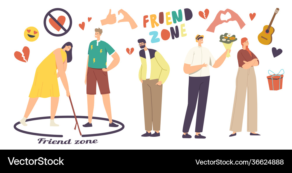 Friend Zone Konzept männliche Figuren verlieben Friend Zone Konzept männliche Figuren verlieben Vektorbild