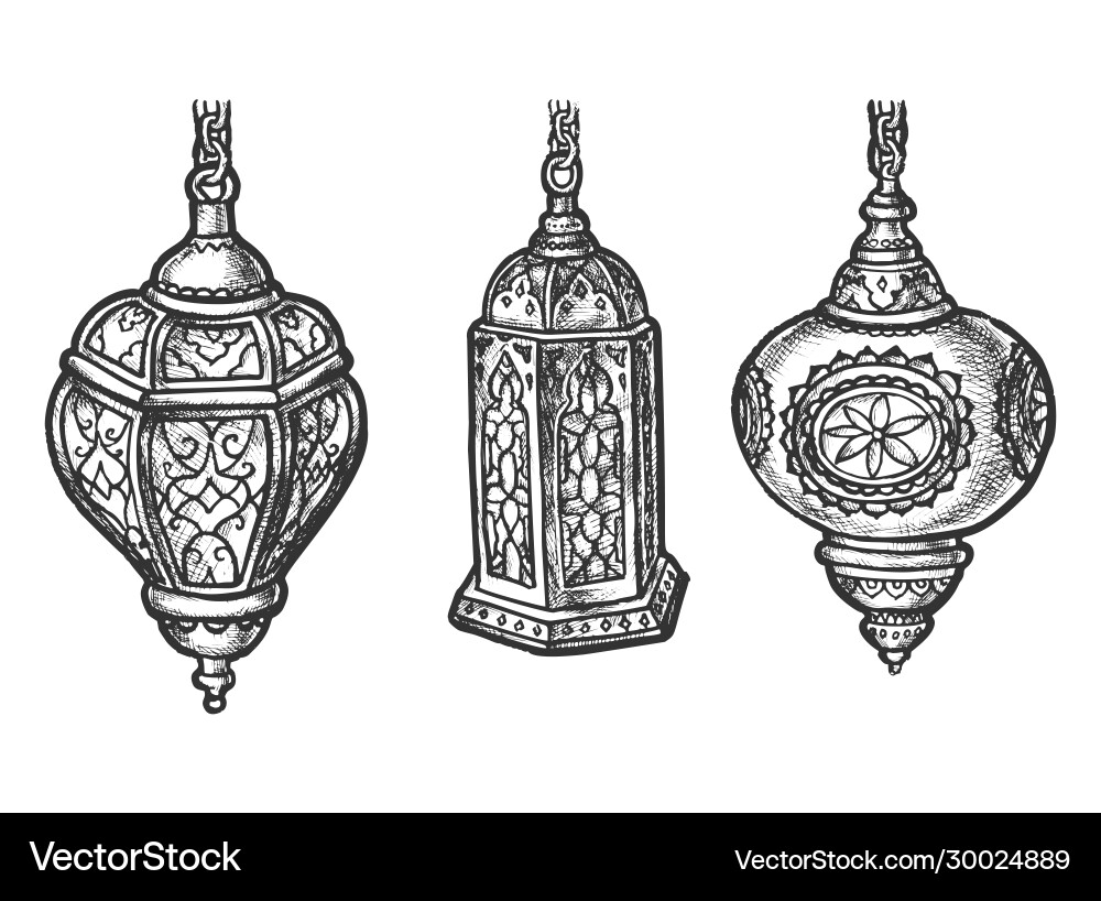 Arabic lantern lamps with arab ornaments sketch Arabic lantern lamps with arab ornaments sketch vector image