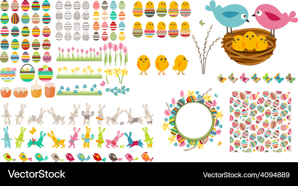 Big easter collection with eggsbirds and rabbits Vector Image