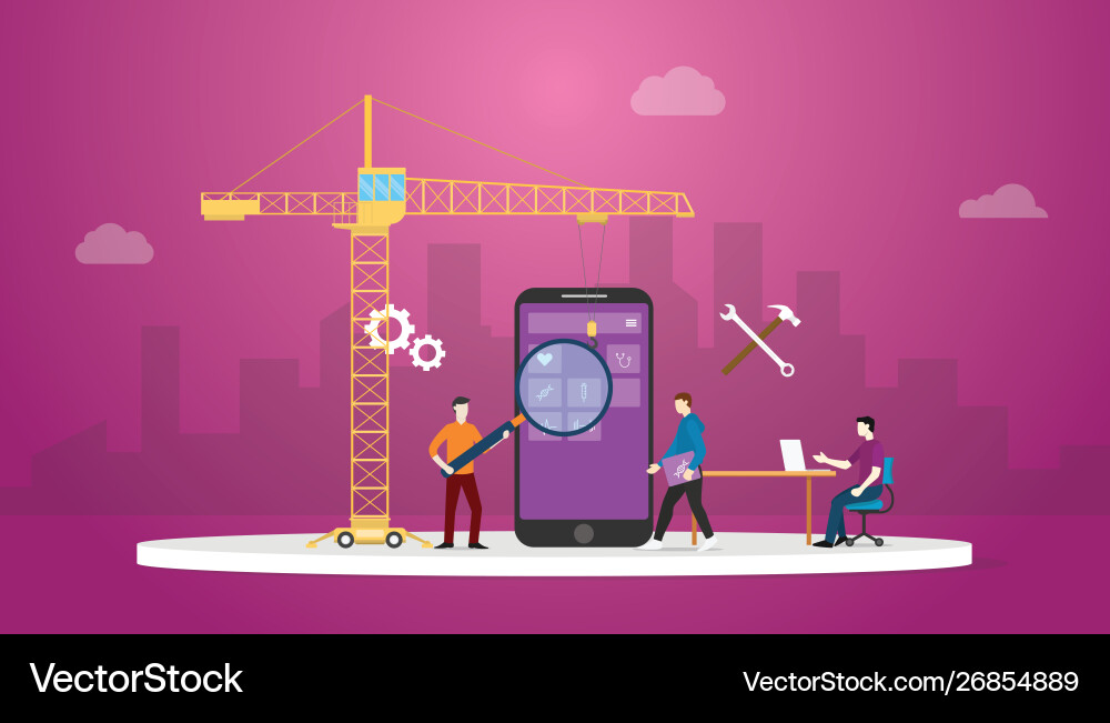 Mobile apps development technology with team Mobile apps development technology with team vector image