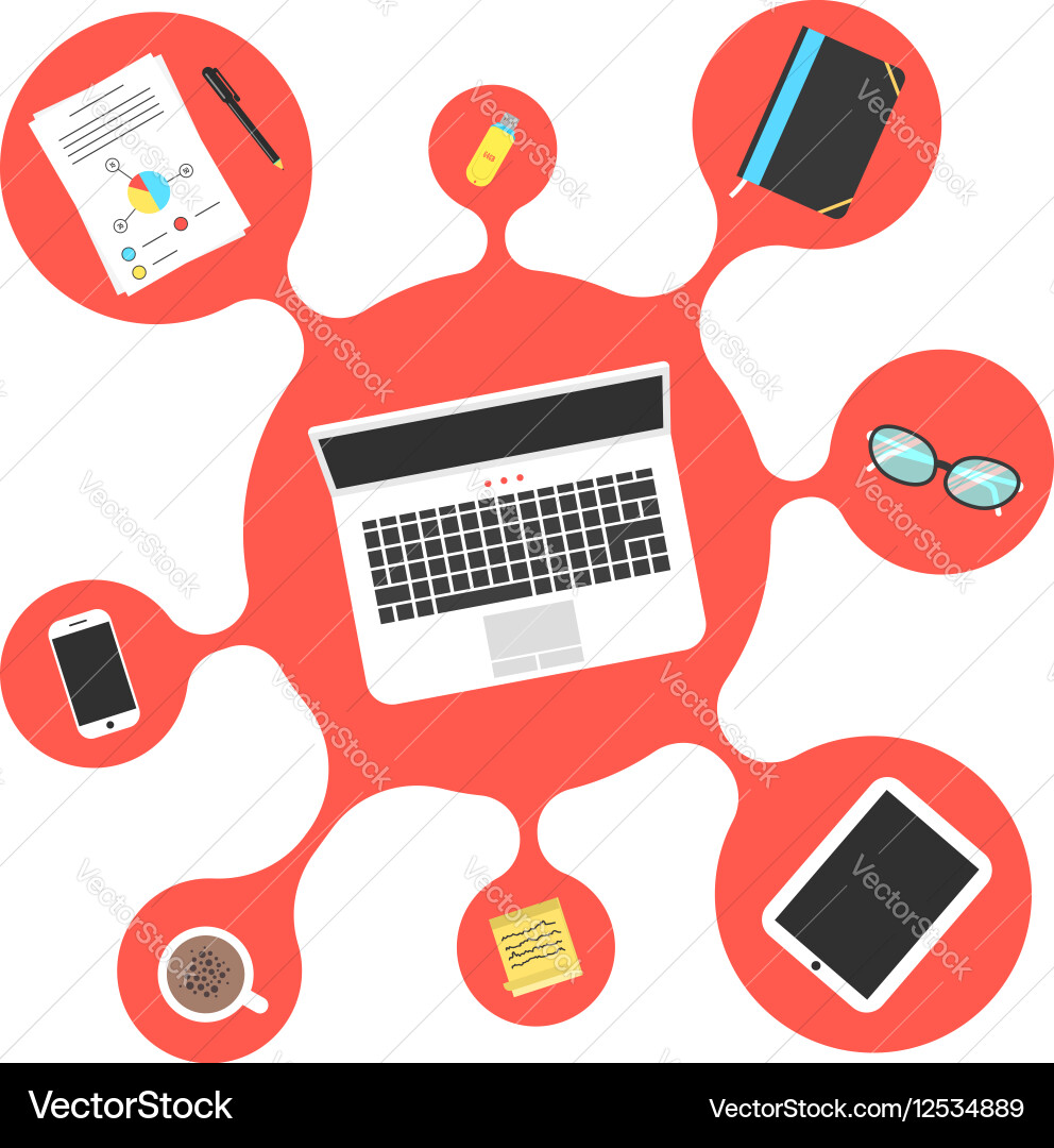 Set of office objects in red bubble vector image