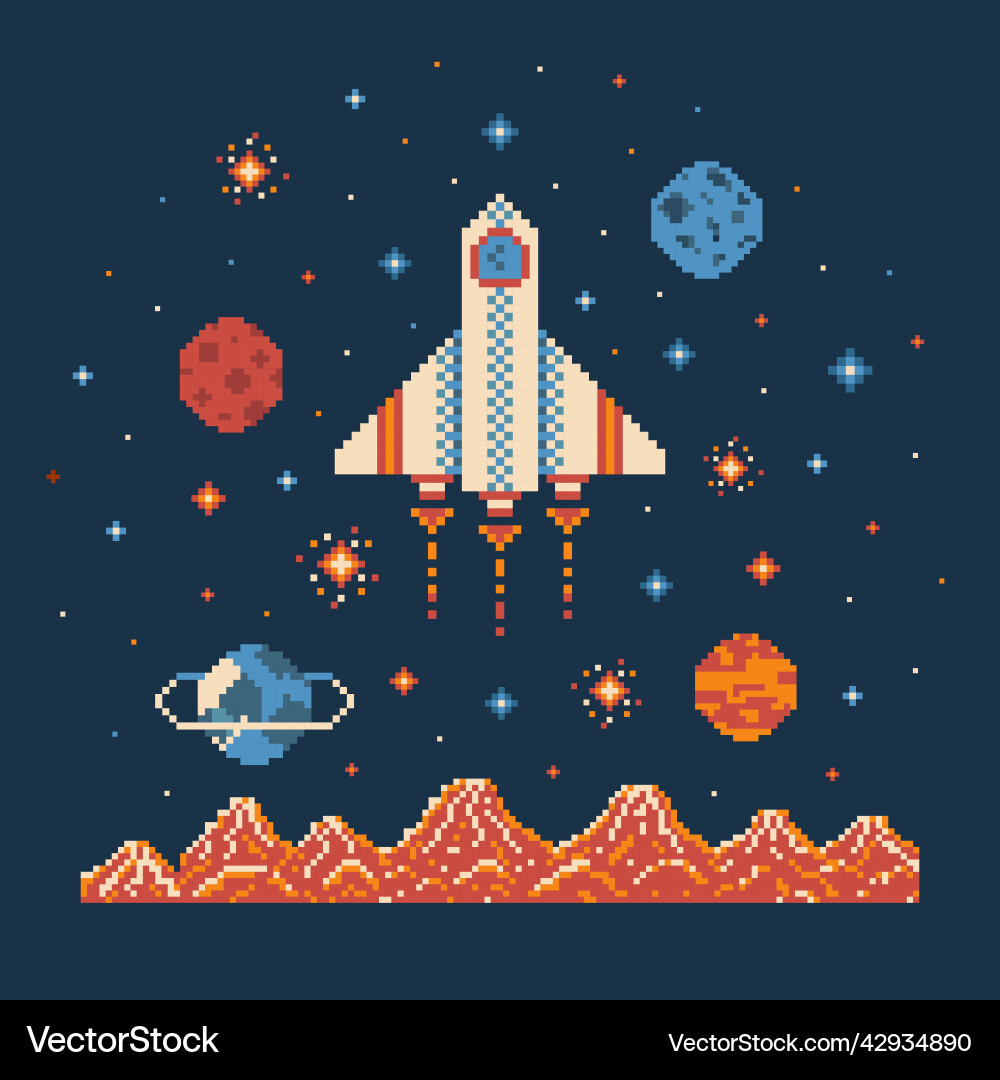 8 bit pixel art rocket in outer space vector image