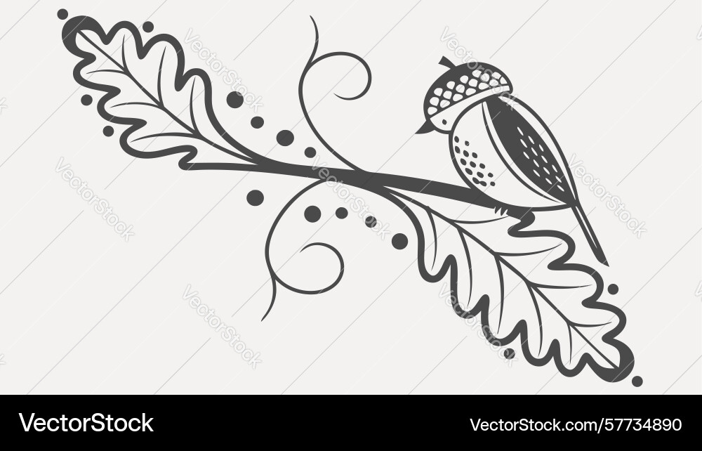 Acorn branch with bird autumn forest scene design vector image