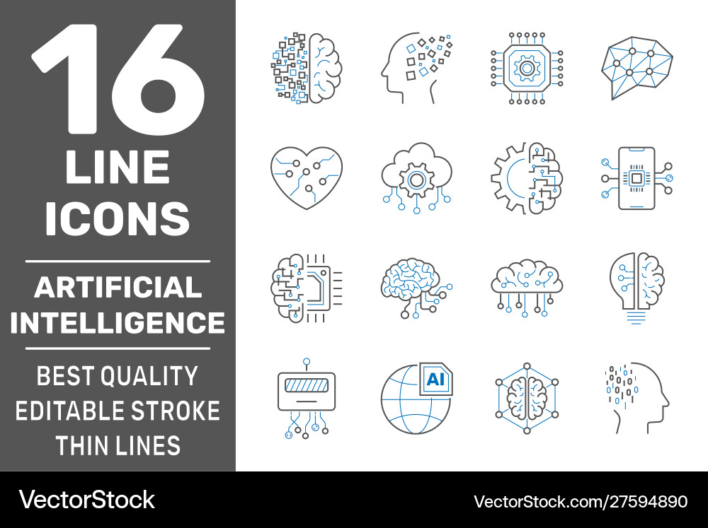 AI Brain Icons - Modern Line Art Vector Image
