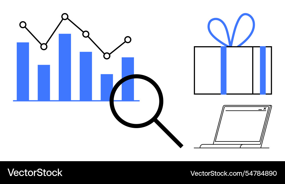 Data analysis magnifying glass with bar and line Vector Image