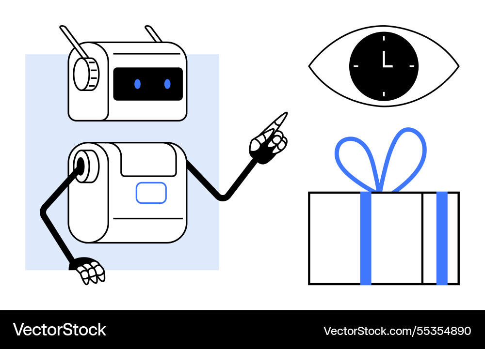 Friendly robot pointing at present and clock Friendly robot pointing at present and clock vector image