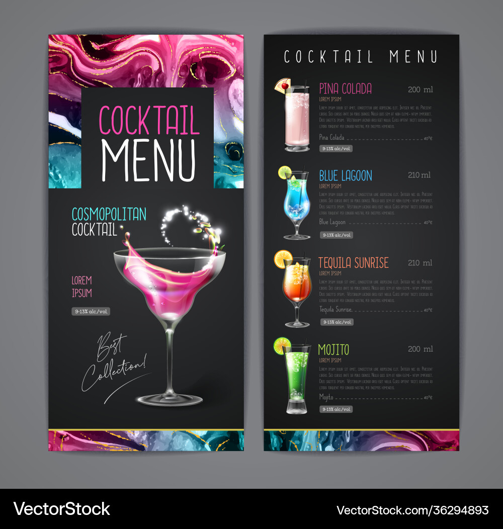 Cocktail menu design with alcohol ink texture Cocktail menu design with alcohol ink texture Vector Image