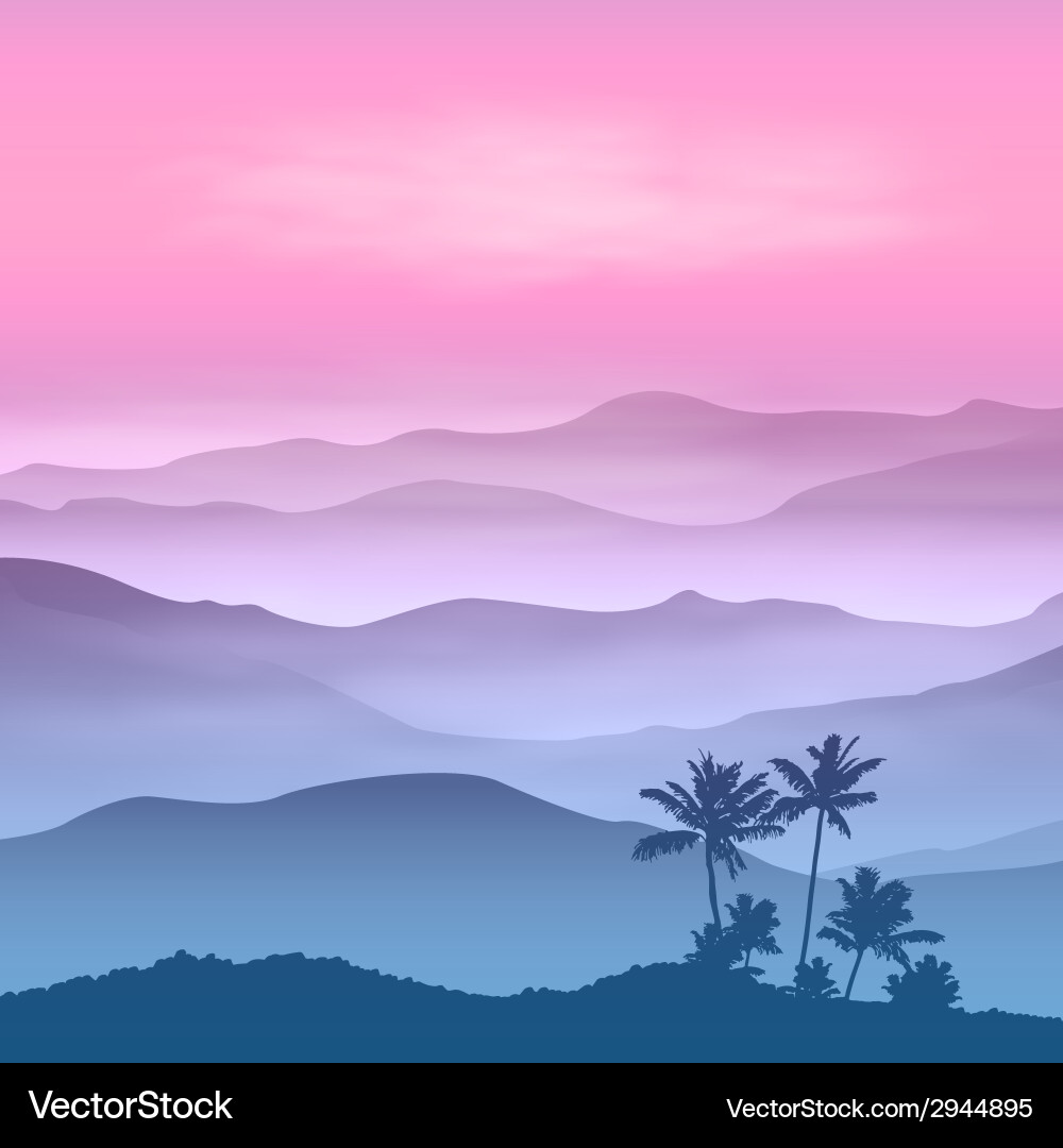 Background with palm tree and mountains in the fog vector image