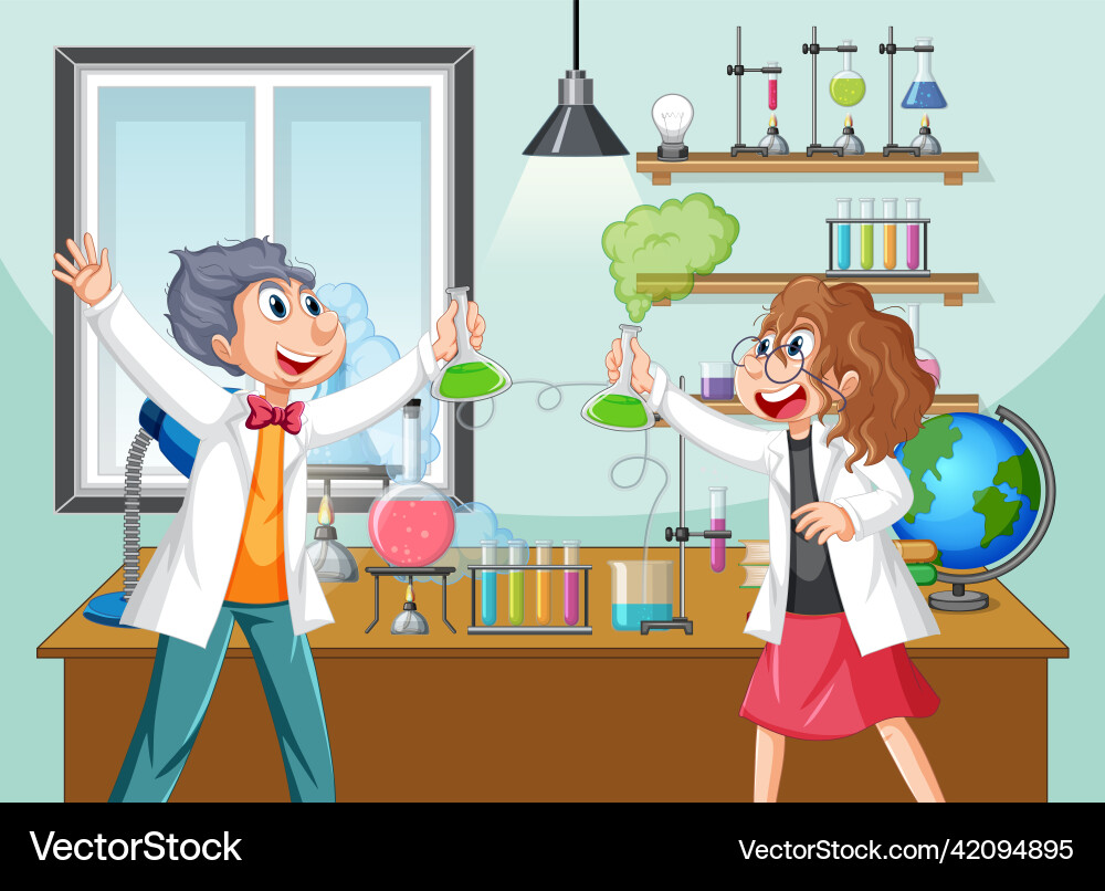 Classroom scene with scientist doing experiment Classroom scene with scientist doing experiment vector image