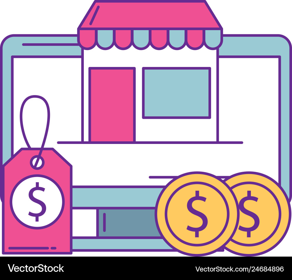 Computer monitor with store building and icons Computer monitor with store building and icons Vector Image