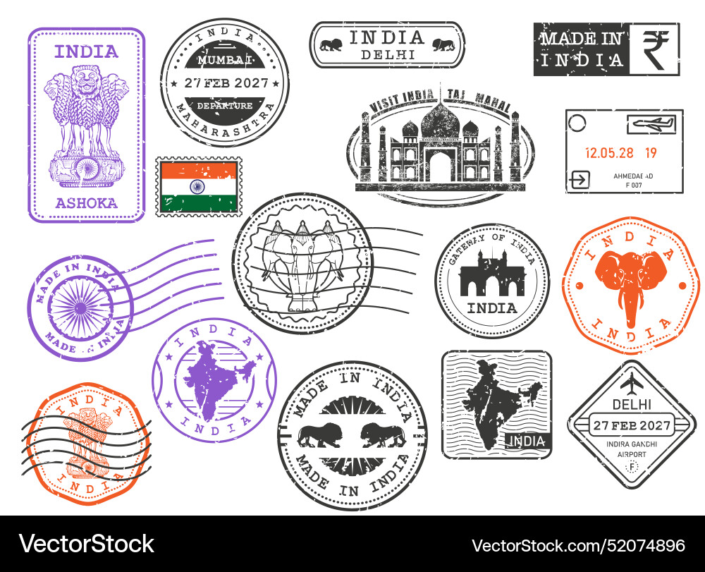 India travel stamps set postage India travel stamps set postage vector image