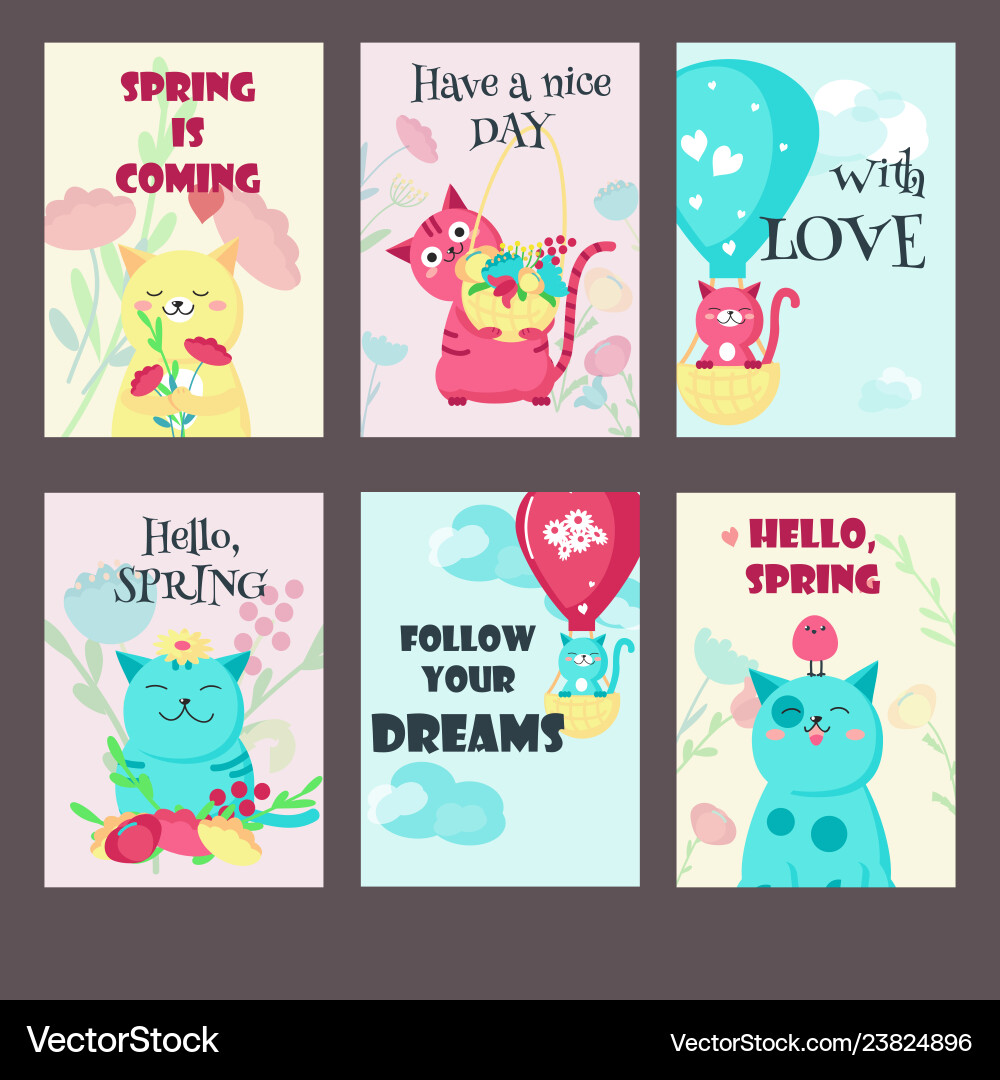 Spring Cats & Floral Cards Vector Image