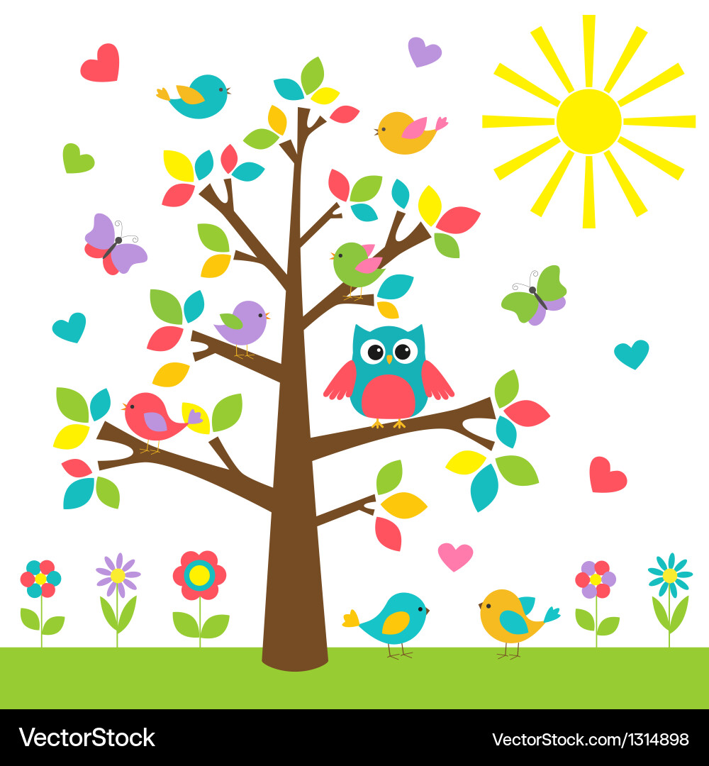 Cheerful Birds and Owl Tree vector image
