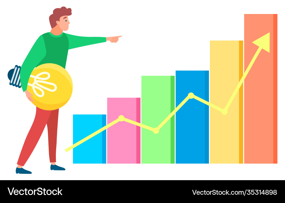 Man standing near statistics chart and looking up Man standing near statistics chart and looking up vector image